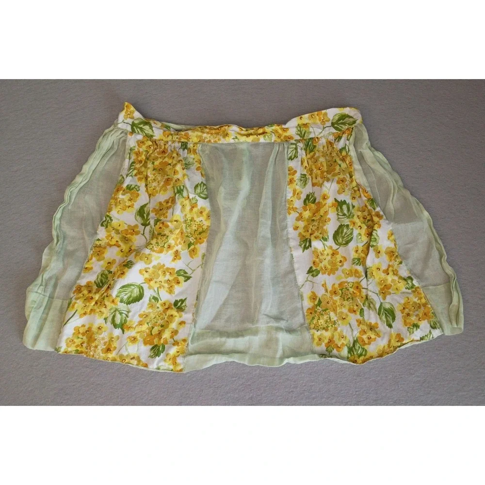 Vintage‎ Hostess Apron Half Waist Flowers Floral Yellow Sheer W/Pockets Cottage